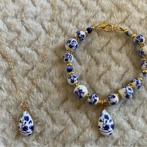 Handmade Gold and Blue Floral Jewelry Set